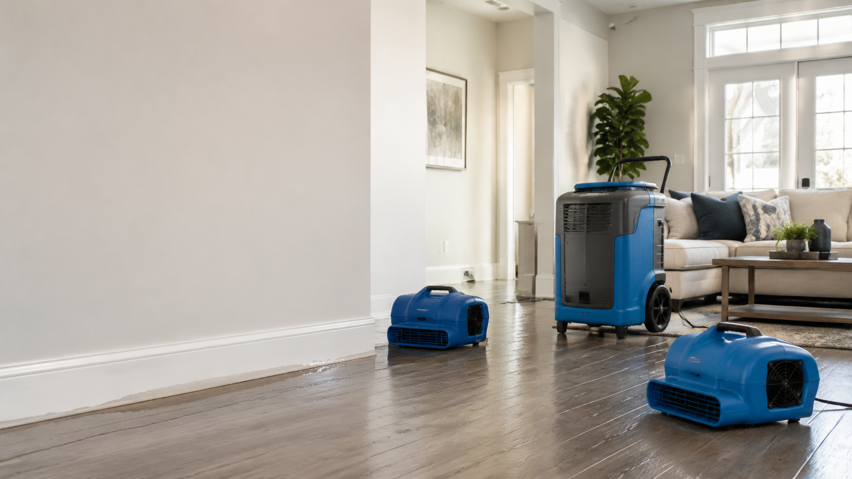 Professional blue drying equipment in a residential interior after water damage