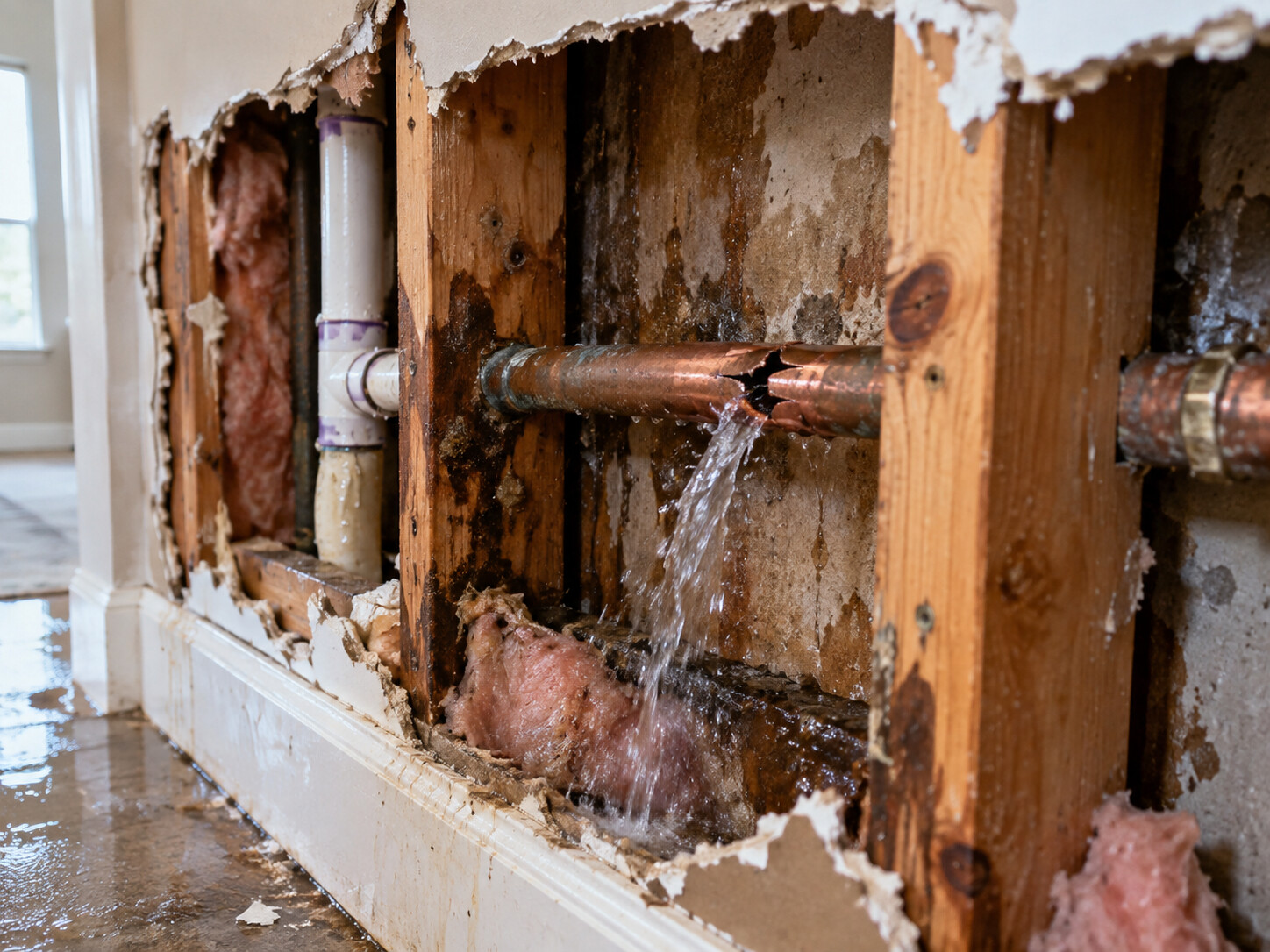 Burst pipe exposed inside a wall after drywall removal