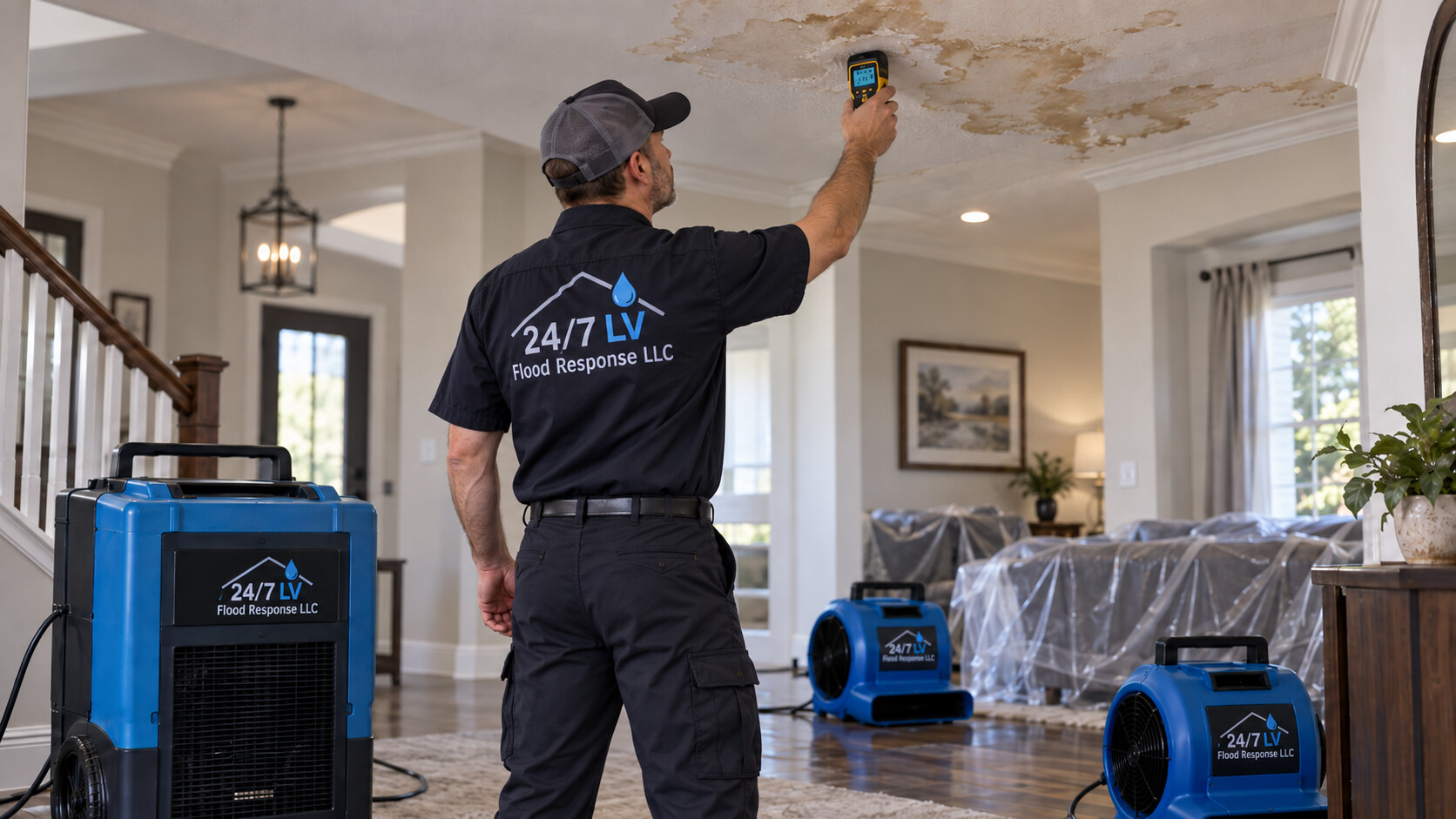 Brown staining and damaged drywall from a ceiling water leak
