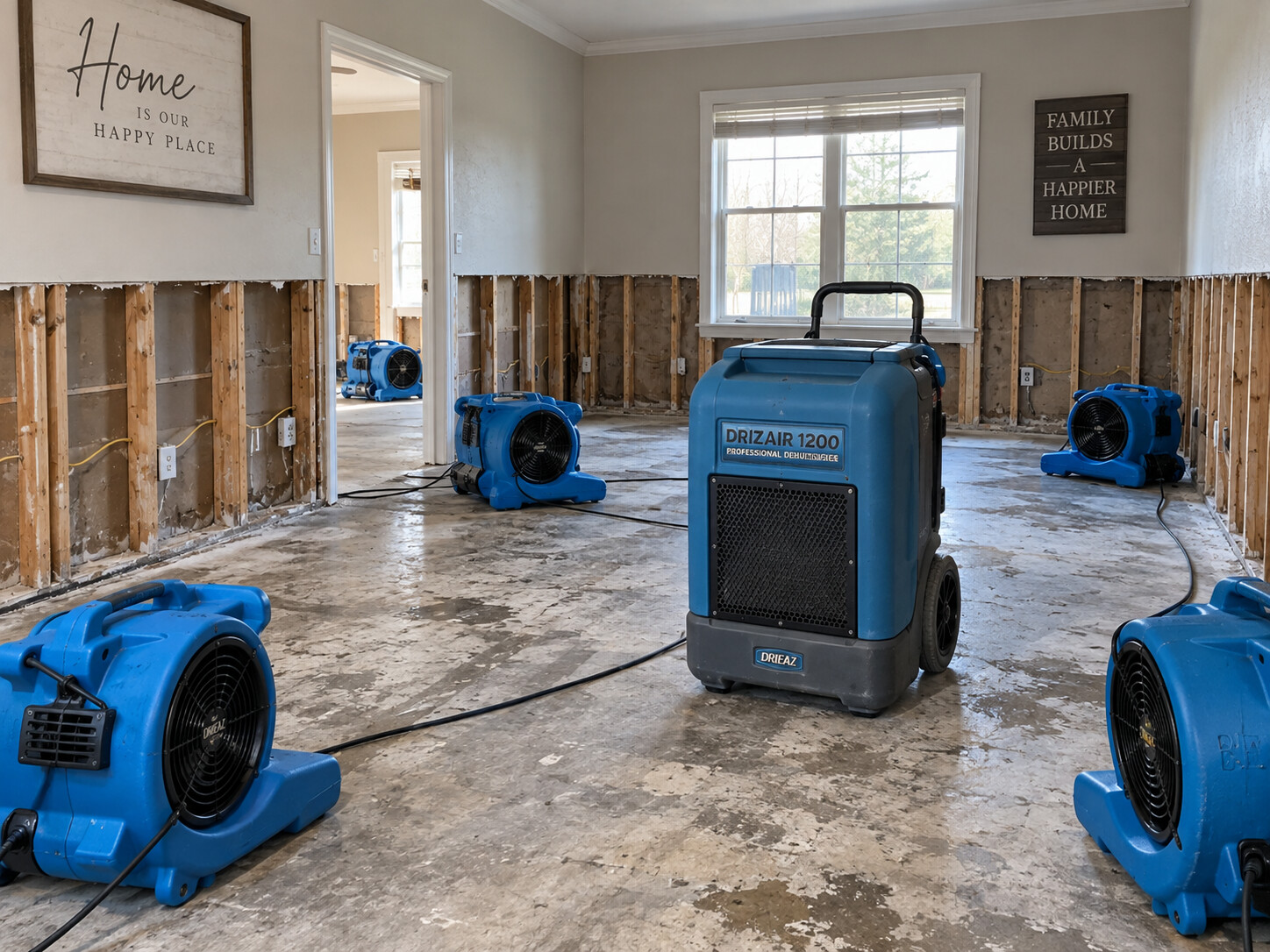 Structural drying setup with air movers, dehumidifier and lower drywall flood cuts removed