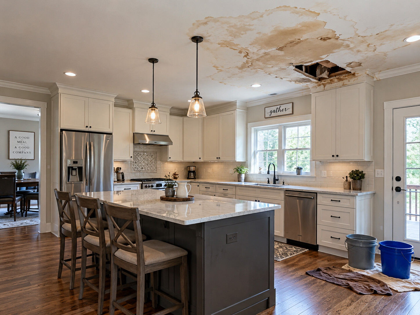 Wide kitchen overview showing extensive water damage to the downstairs ceiling