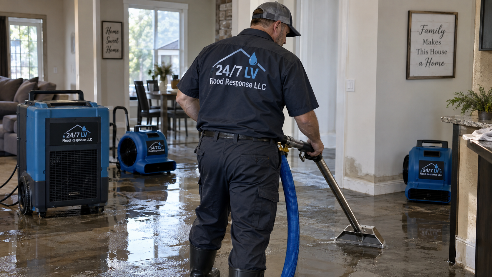 Washing machine leak with water spreading across a laundry-room floor