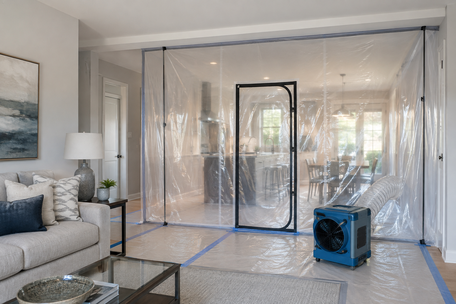 Water mitigation containment with HEPA filtration equipment