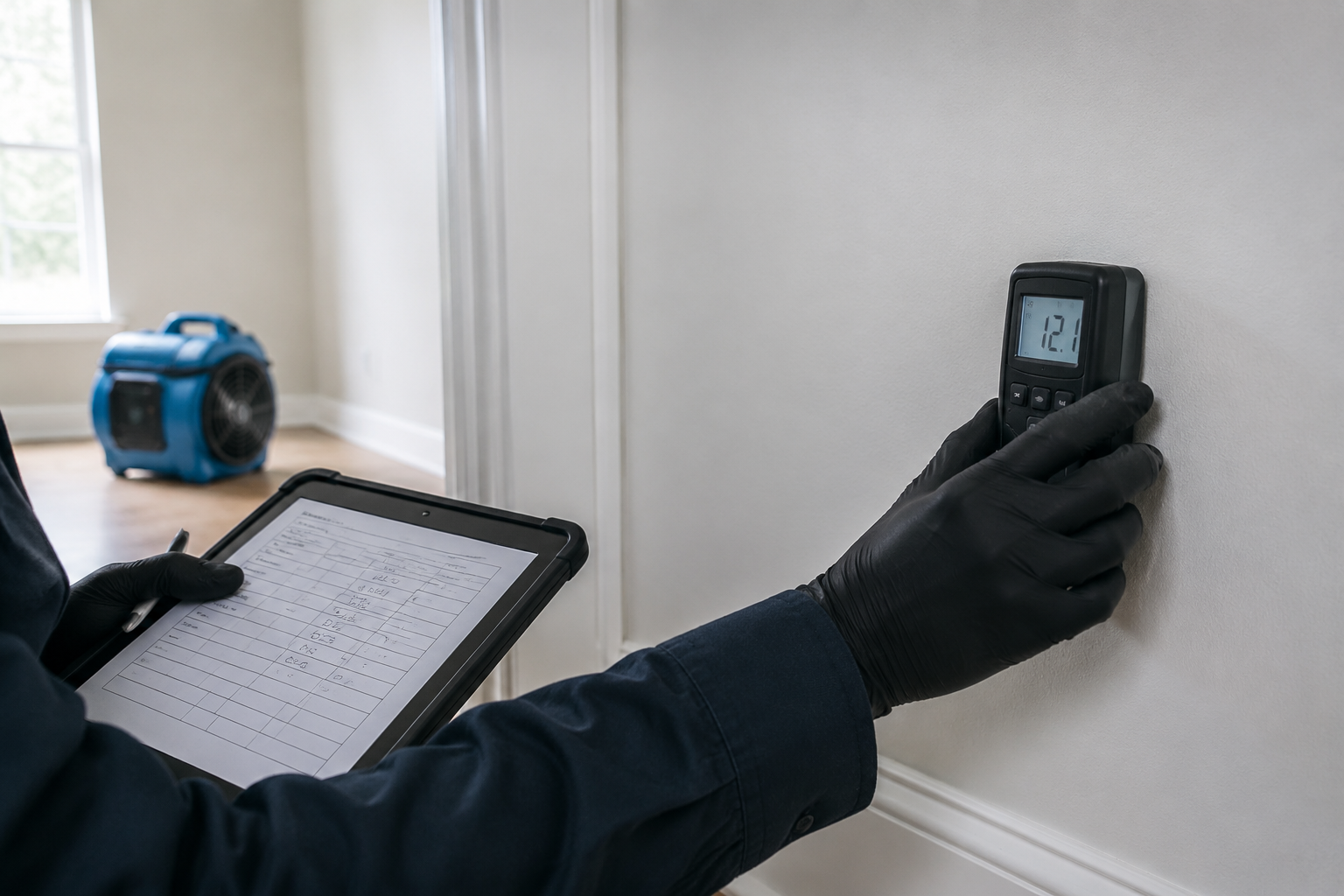 Moisture readings recorded for organized drying documentation