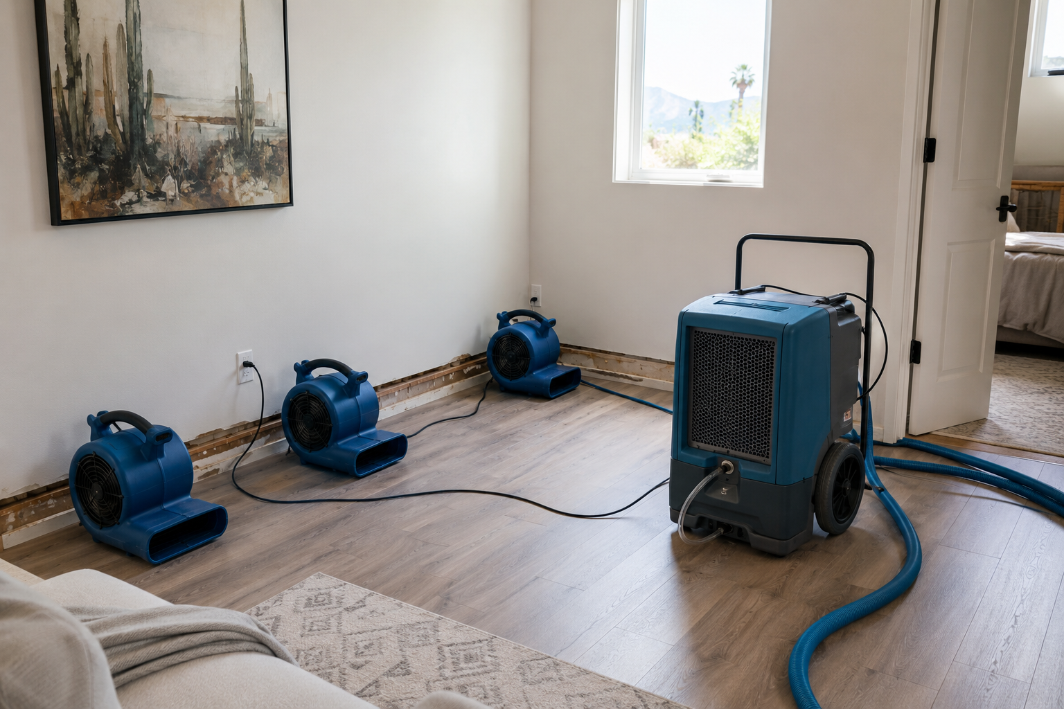 Professional structural drying equipment in a residential room