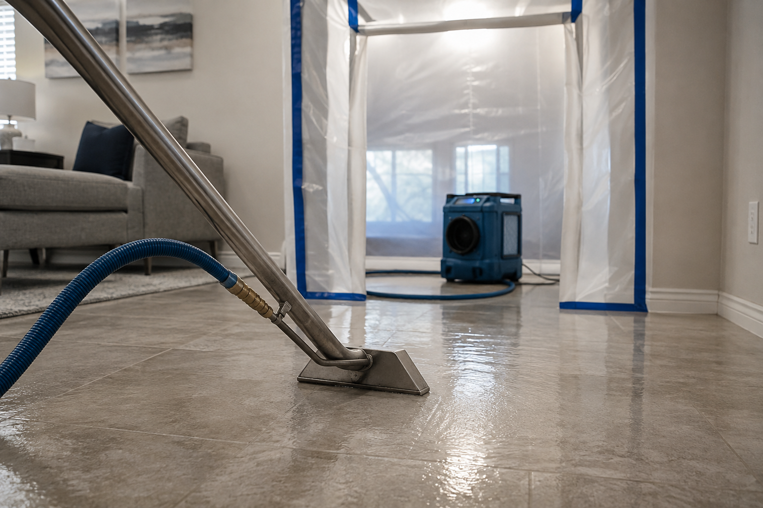 Professional water extraction equipment in a residential property